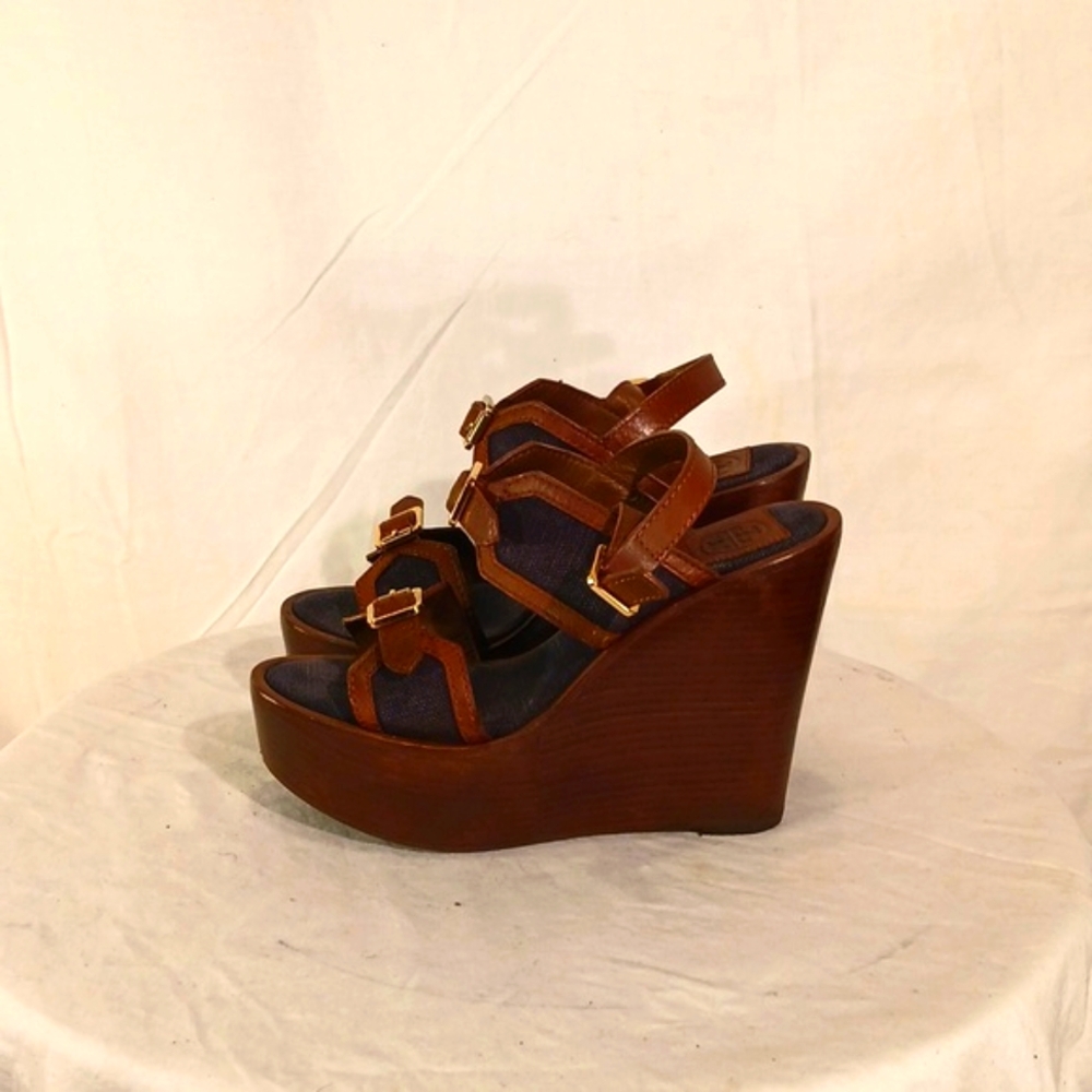 Like New Tory Burch Brown Leather & Navy Blue Denim Wedge Platform Heels - Picture 3 of 16